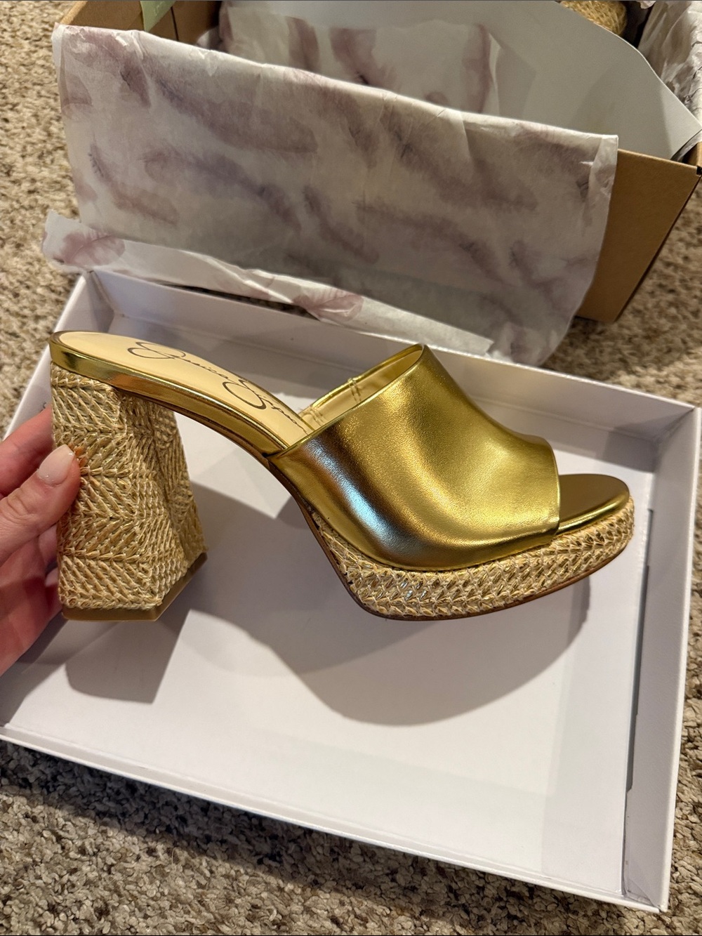 NWT Jessica Simpson Gold Platform Mules